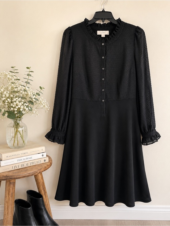 LOFT Dresses & Skirts - LOFT Black Long-Sleeve Ruffle-Cuff Midi Dress